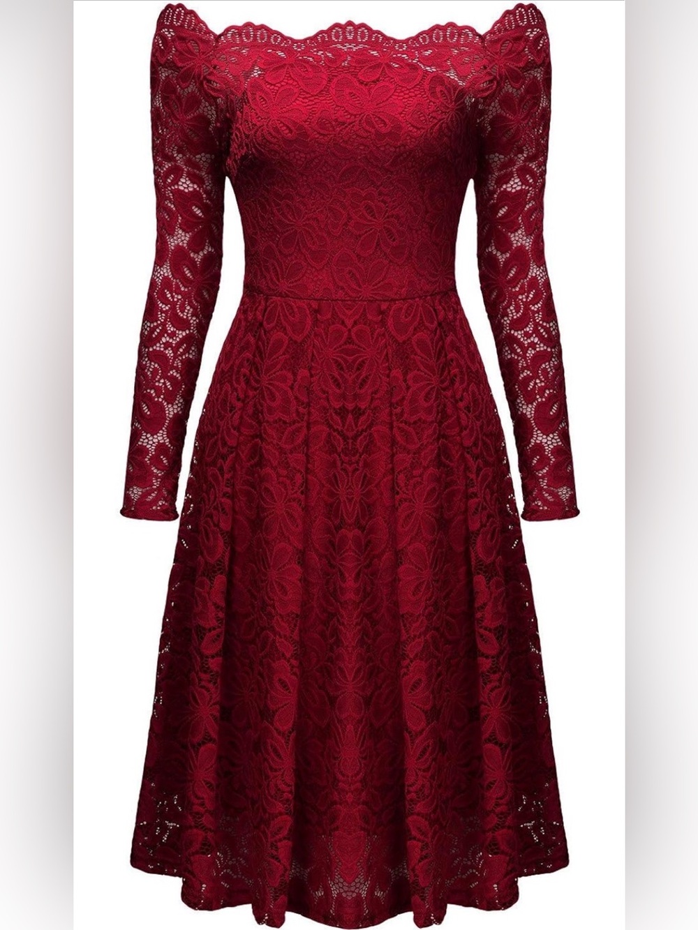 Miusol Red Off-Shoulder Lace Long Sleeve Fit-and-Flare Dress
